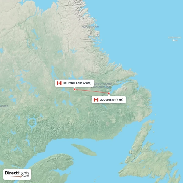 Goose Bay - Churchill Falls direct flight map