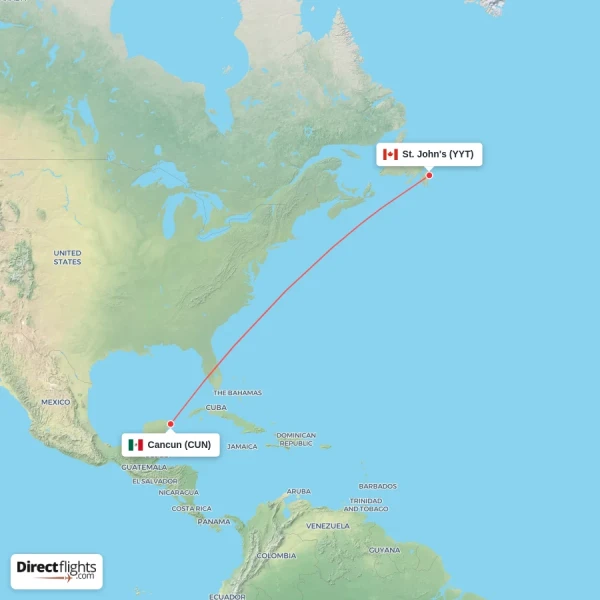 St. John's - Cancun direct flight map
