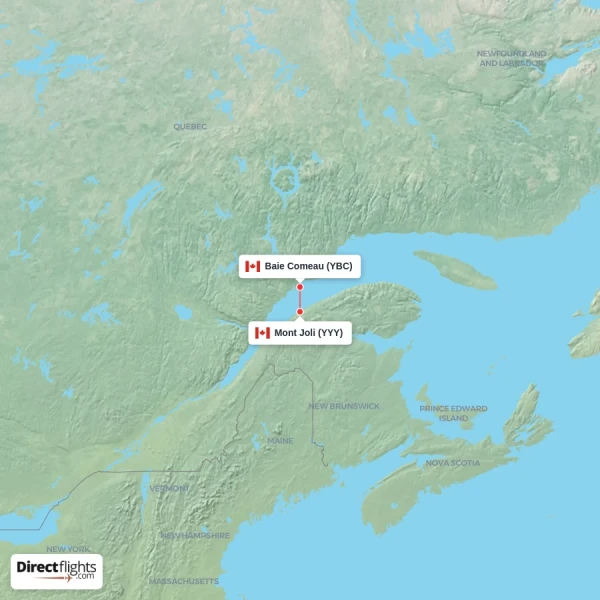 Mont Joli - Baie Comeau direct flight map