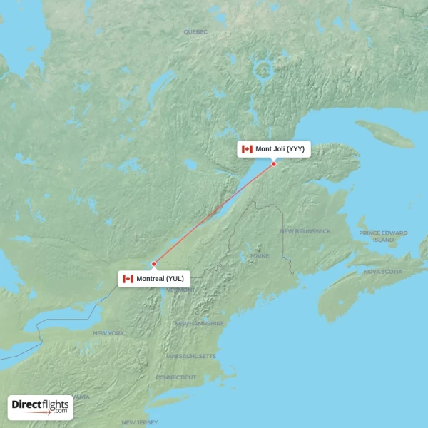 Mont Joli - Montreal direct flight map