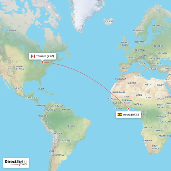 Toronto - Accra direct flight map