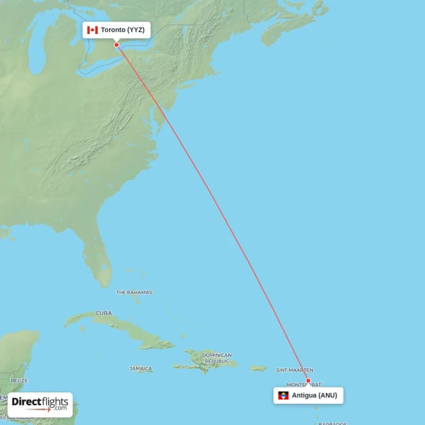 Toronto - Antigua direct flight map