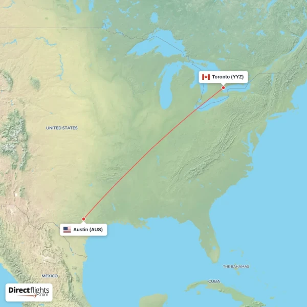 Toronto - Austin direct flight map