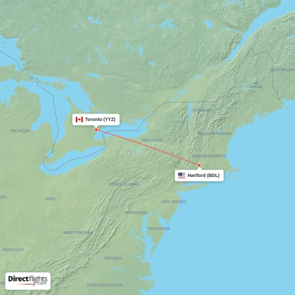 Toronto - Hartford direct flight map