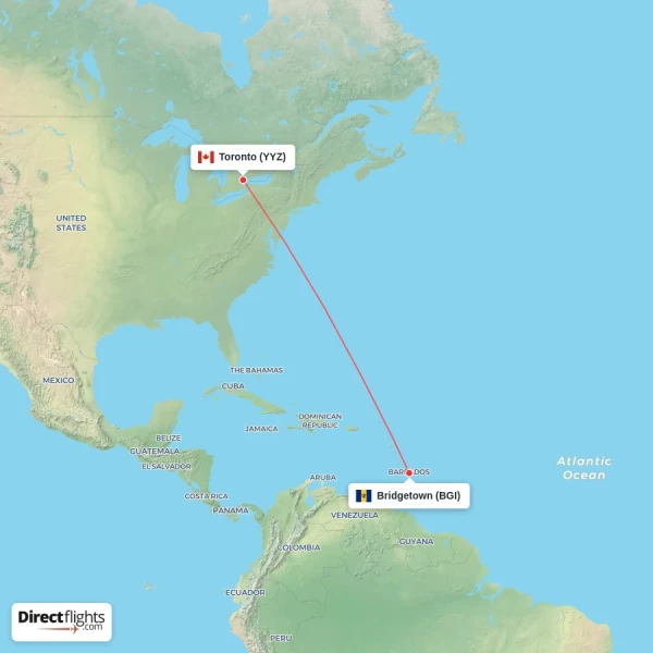 Toronto - Bridgetown direct flight map