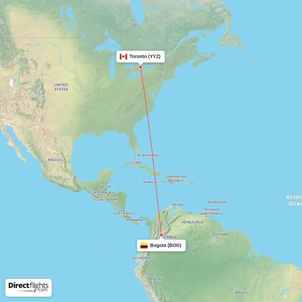 Toronto - Bogota direct flight map