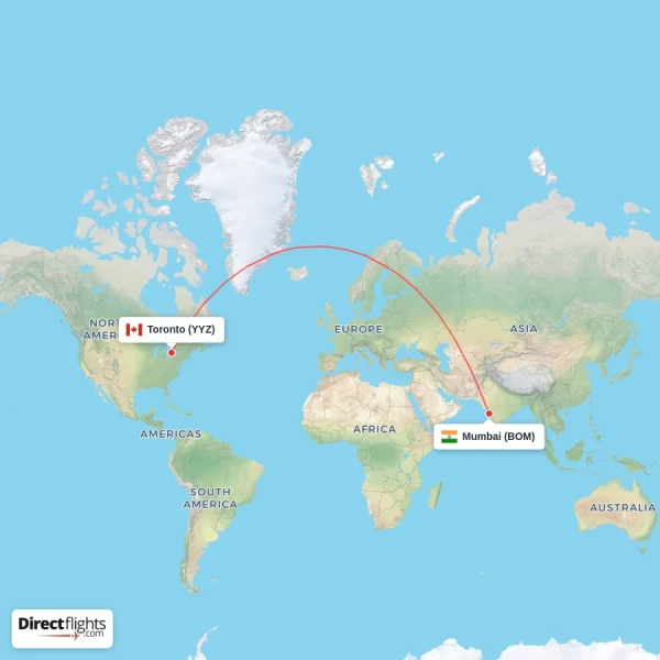 Toronto - Mumbai direct flight map