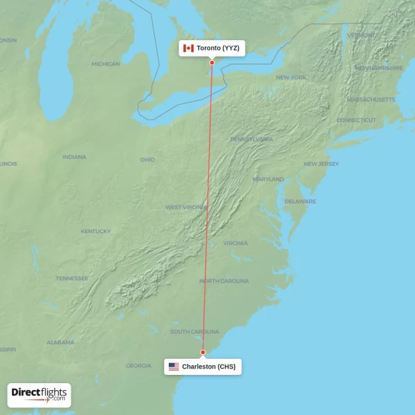 Toronto - Charleston direct flight map