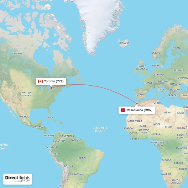 Toronto - Casablanca direct flight map