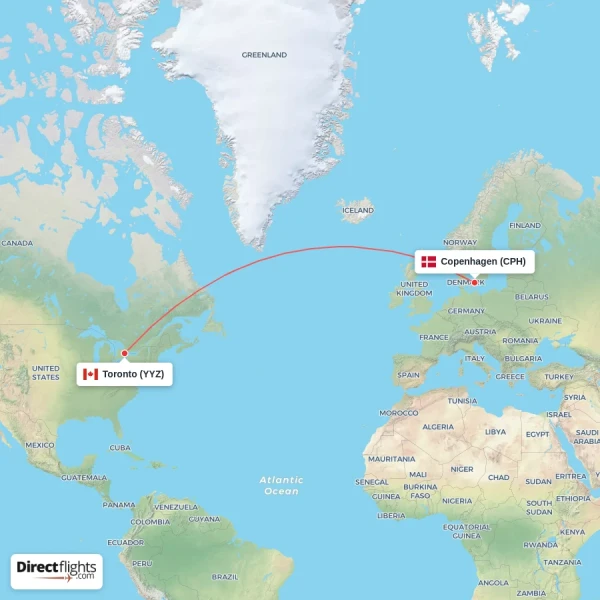 Toronto - Copenhagen direct flight map