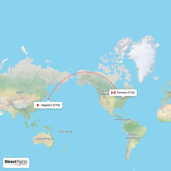 Toronto - Sapporo direct flight map