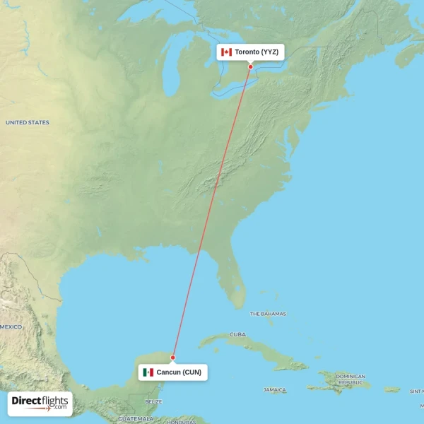 Toronto - Cancun direct flight map