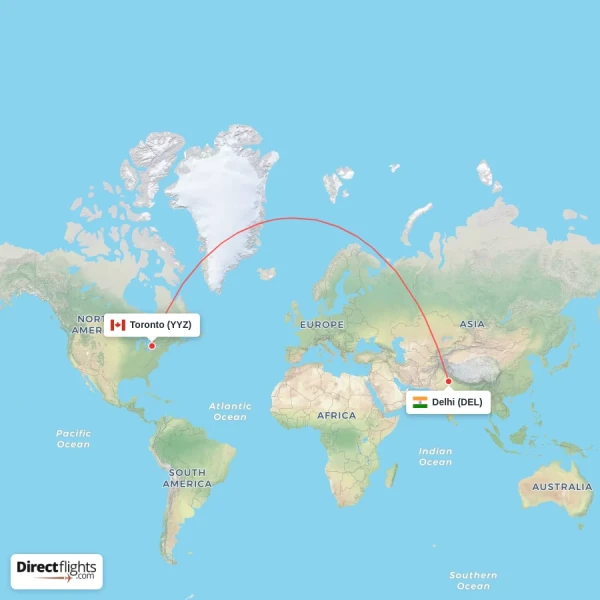 Toronto - Delhi direct flight map