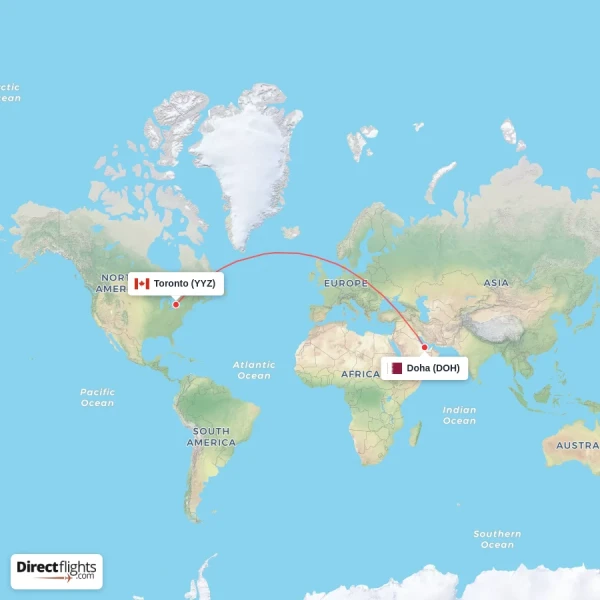 Toronto - Doha direct flight map