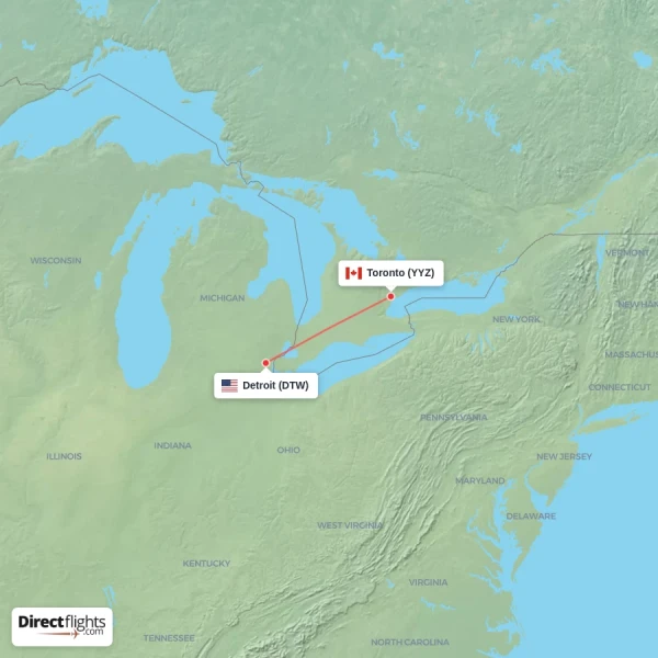 Toronto - Detroit direct flight map