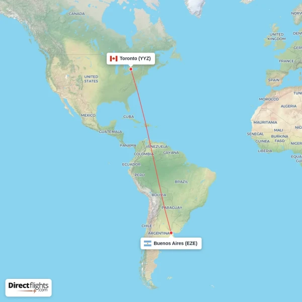 Toronto - Buenos Aires direct flight map