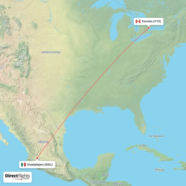Toronto - Guadalajara direct flight map
