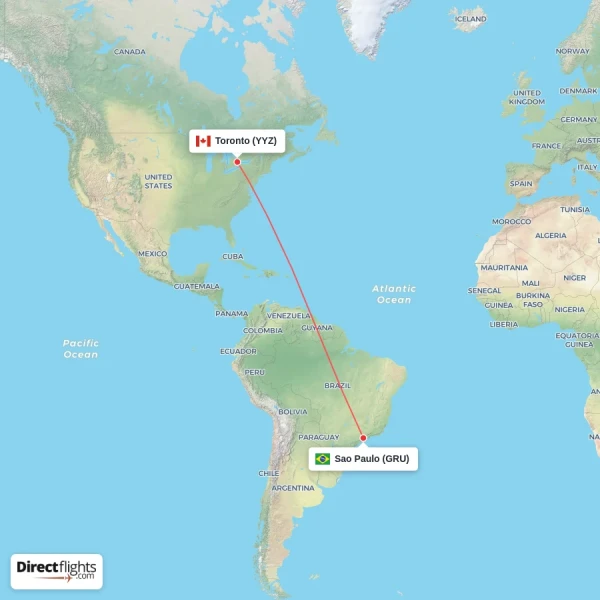 Toronto - Sao Paulo direct flight map