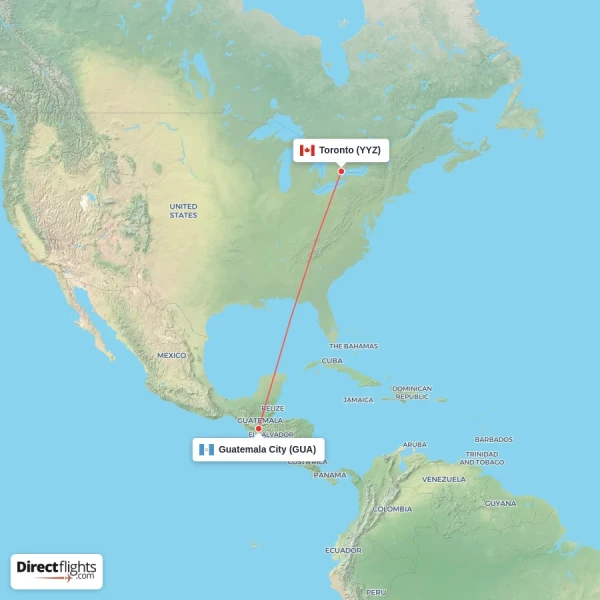 Toronto - Guatemala City direct flight map
