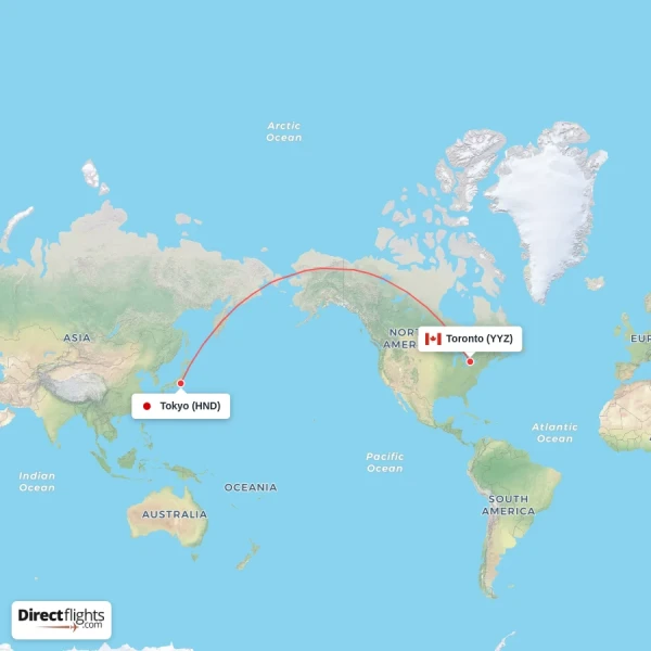 Toronto - Tokyo direct flight map