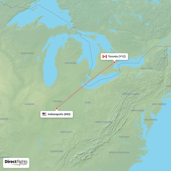 Toronto - Indianapolis direct flight map