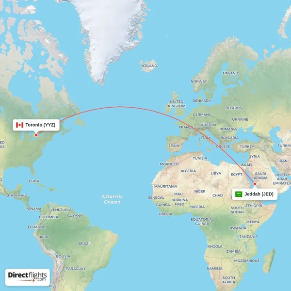Toronto - Jeddah direct flight map