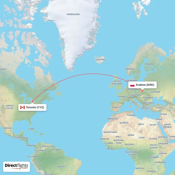 Toronto - Krakow direct flight map