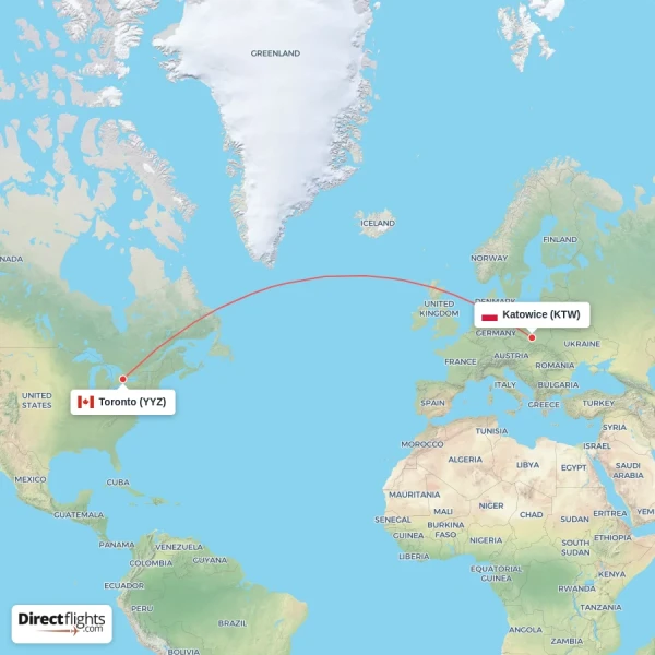 Toronto - Katowice direct flight map