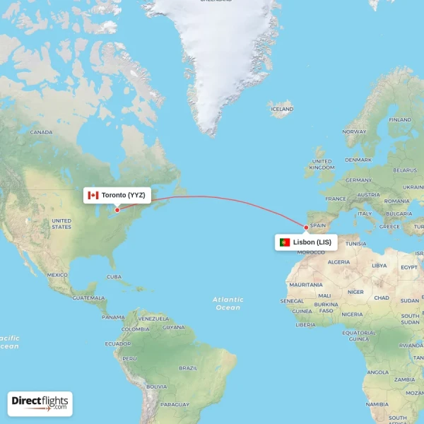 Toronto - Lisbon direct flight map