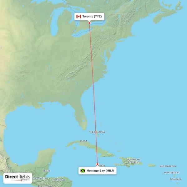 Toronto - Montego Bay direct flight map