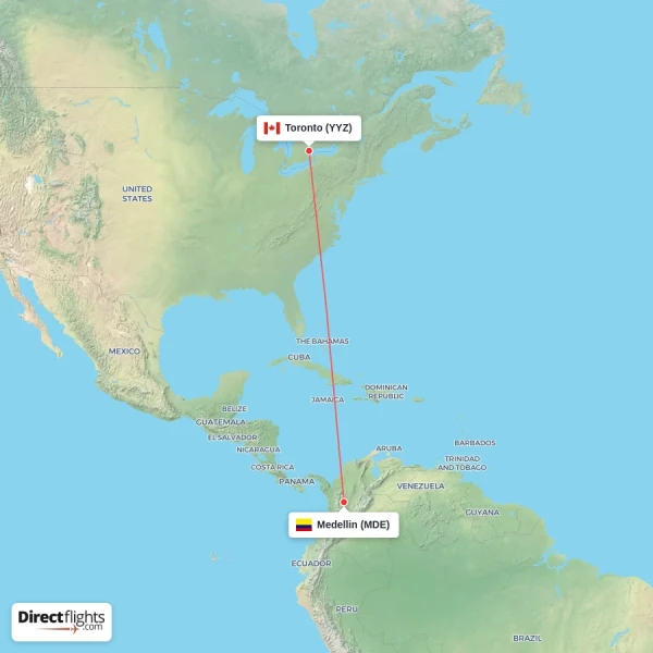 Toronto - Medellin direct flight map