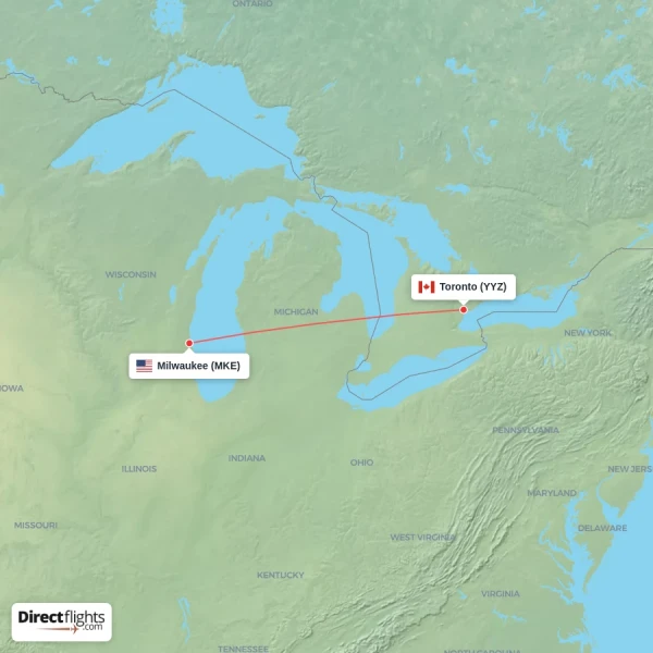 Toronto - Milwaukee direct flight map