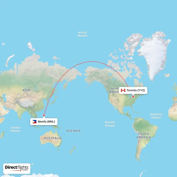 Toronto - Manila direct flight map
