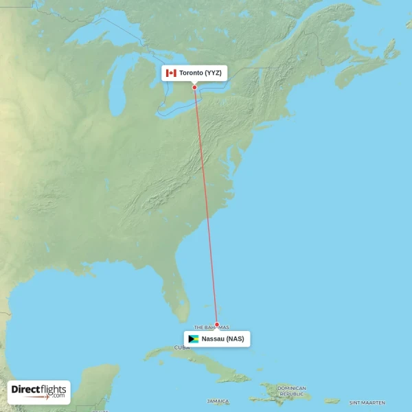 Toronto - Nassau direct flight map