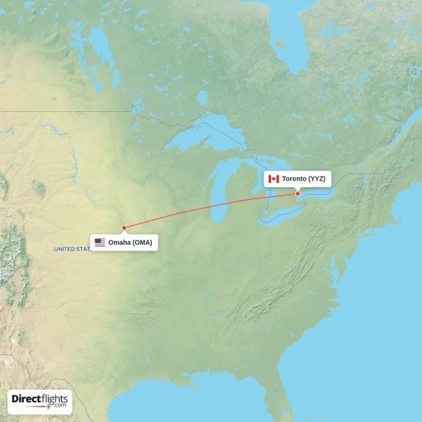Toronto - Omaha direct flight map