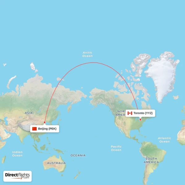 Toronto - Beijing direct flight map