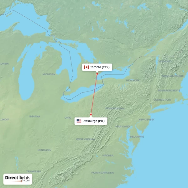 Toronto - Pittsburgh direct flight map