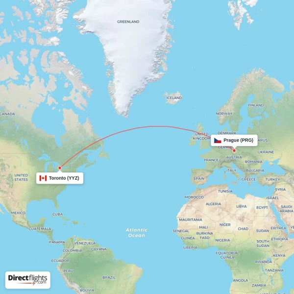 Toronto - Prague direct flight map