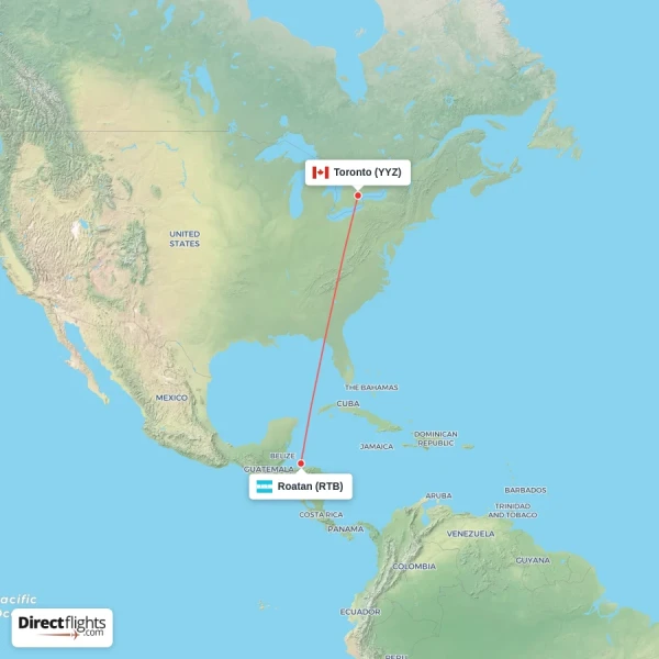 Toronto - Roatan direct flight map