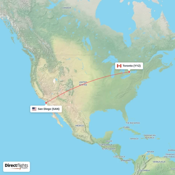 Toronto - San Diego direct flight map