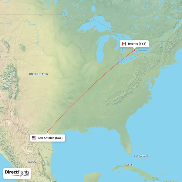 Toronto - San Antonio direct flight map