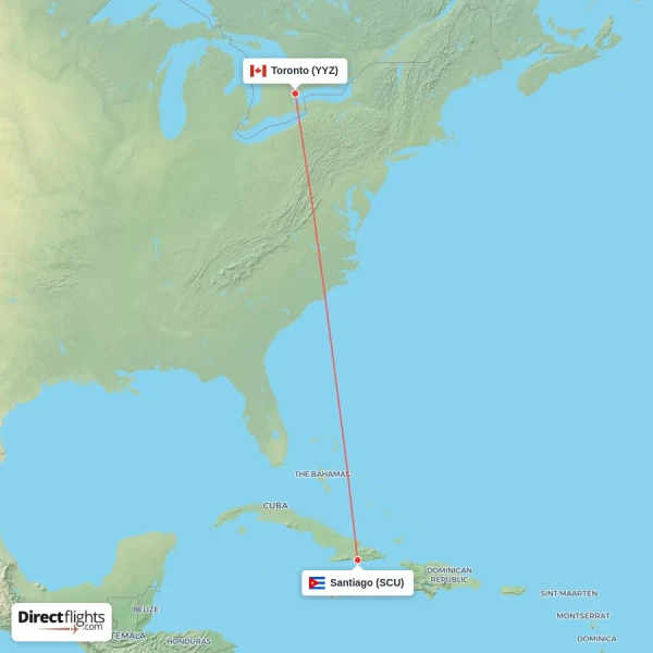 Toronto - Santiago direct flight map