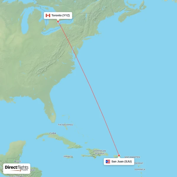 Toronto - San Juan direct flight map