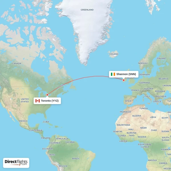 Toronto - Shannon direct flight map