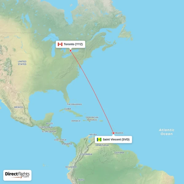 Toronto - Saint Vincent direct flight map