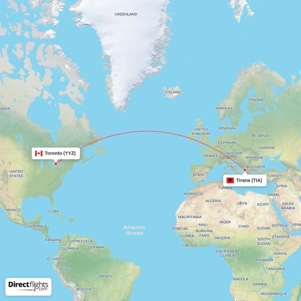 Toronto - Tirana direct flight map