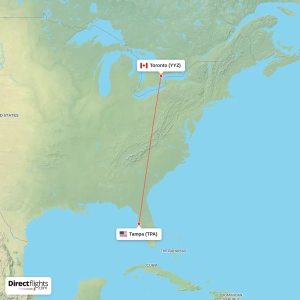 Toronto - Tampa direct flight map