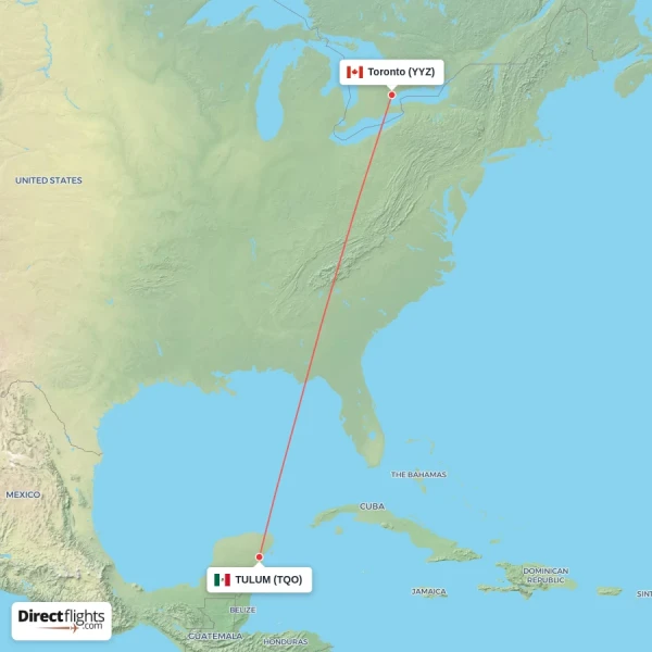 Toronto - TULUM direct flight map
