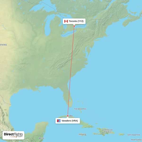 Toronto - Varadero direct flight map