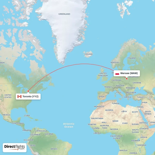 Toronto - Warsaw direct flight map